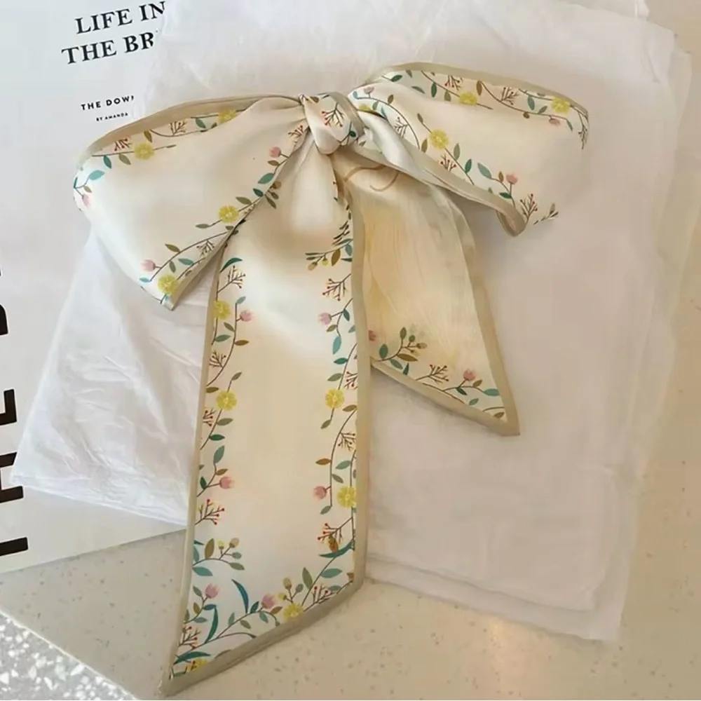 Romantic Floral Twilly Silk Scarf Set French Girl Coquette Ribbon Botanical